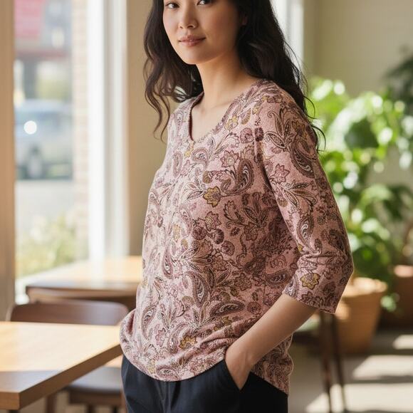 J. Jill Luxe Supima A-Line Tunic Womens Medium Pink Paisley Preppy Softgirl Top - Picture 8 of 8